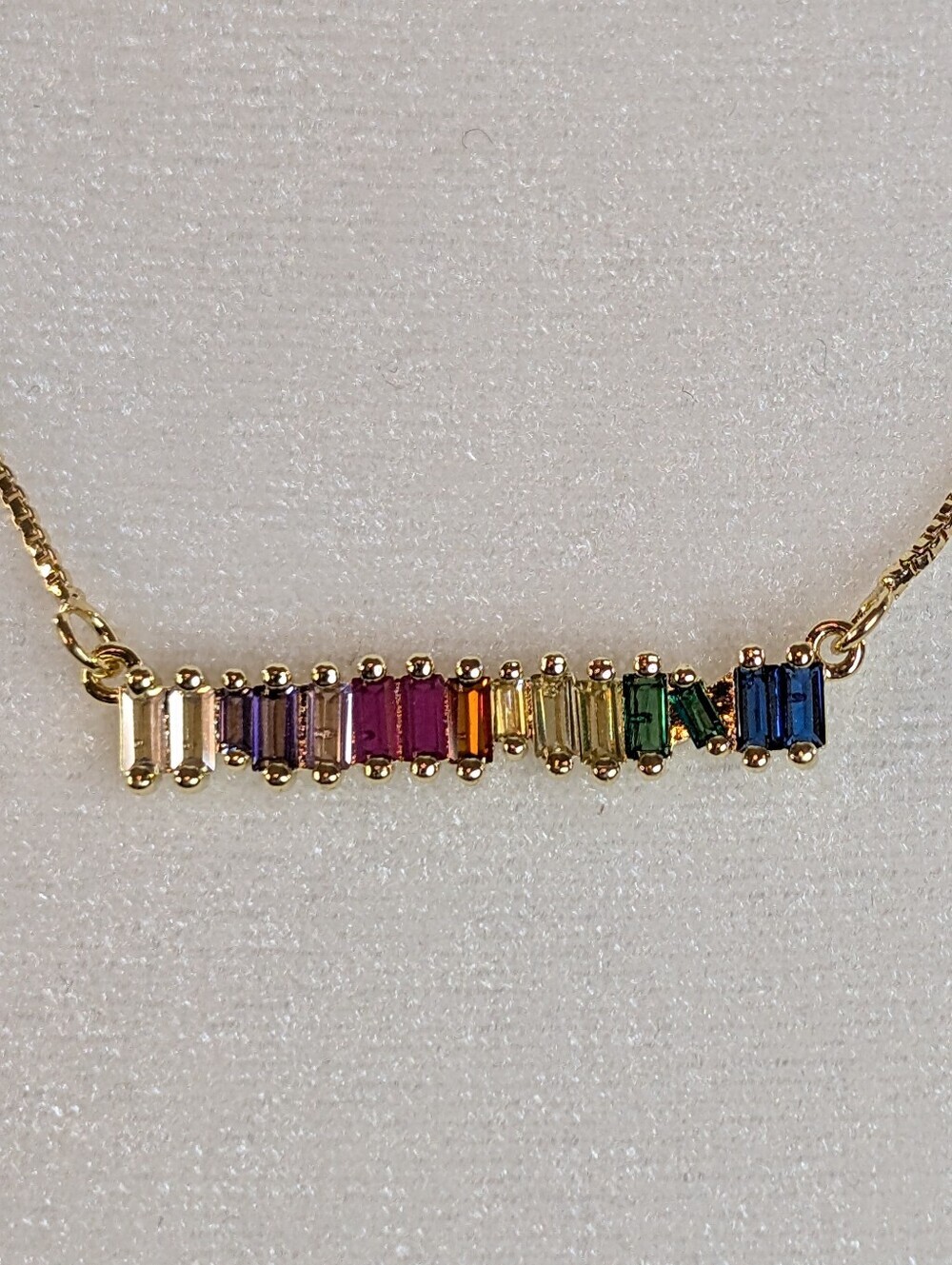 Multicolored Rainbow Emerald Cut Rhinestone Bar 19" Necklace - Picture 1 of 4
